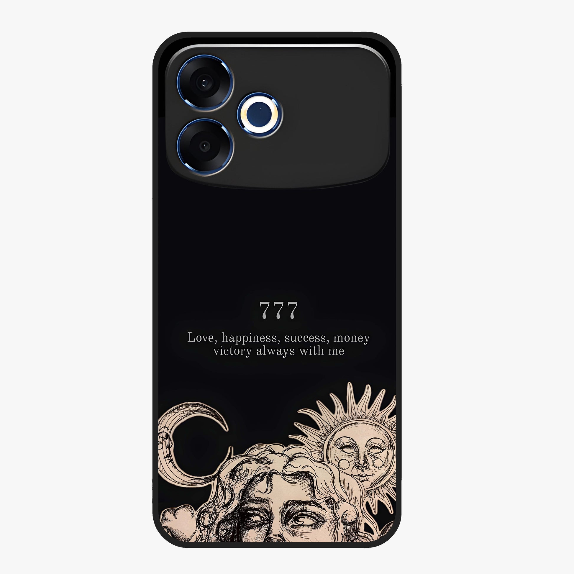 Mystic Victory Aura Glass Case showing flat back view with victory symbol artwork and glossy glass finish.