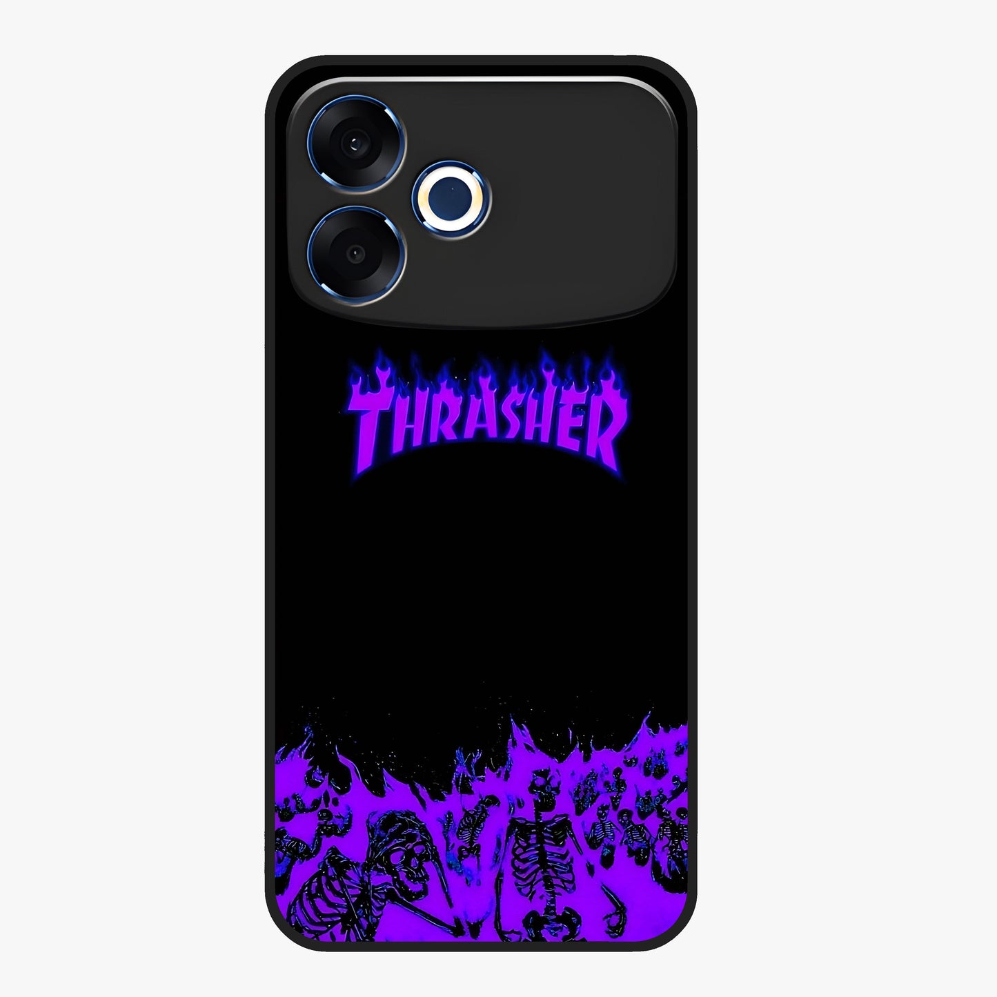 Neon Flame Riot Glass Case showing flat back view with neon flame artwork and glossy glass finish.