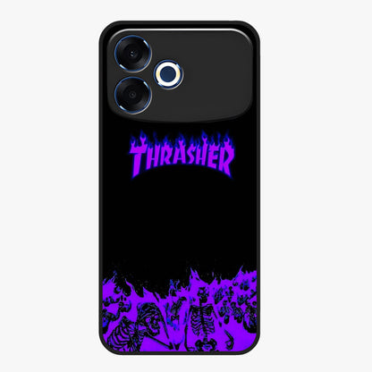 Neon Flame Riot Glass Case showing flat back view with neon flame artwork and glossy glass finish.