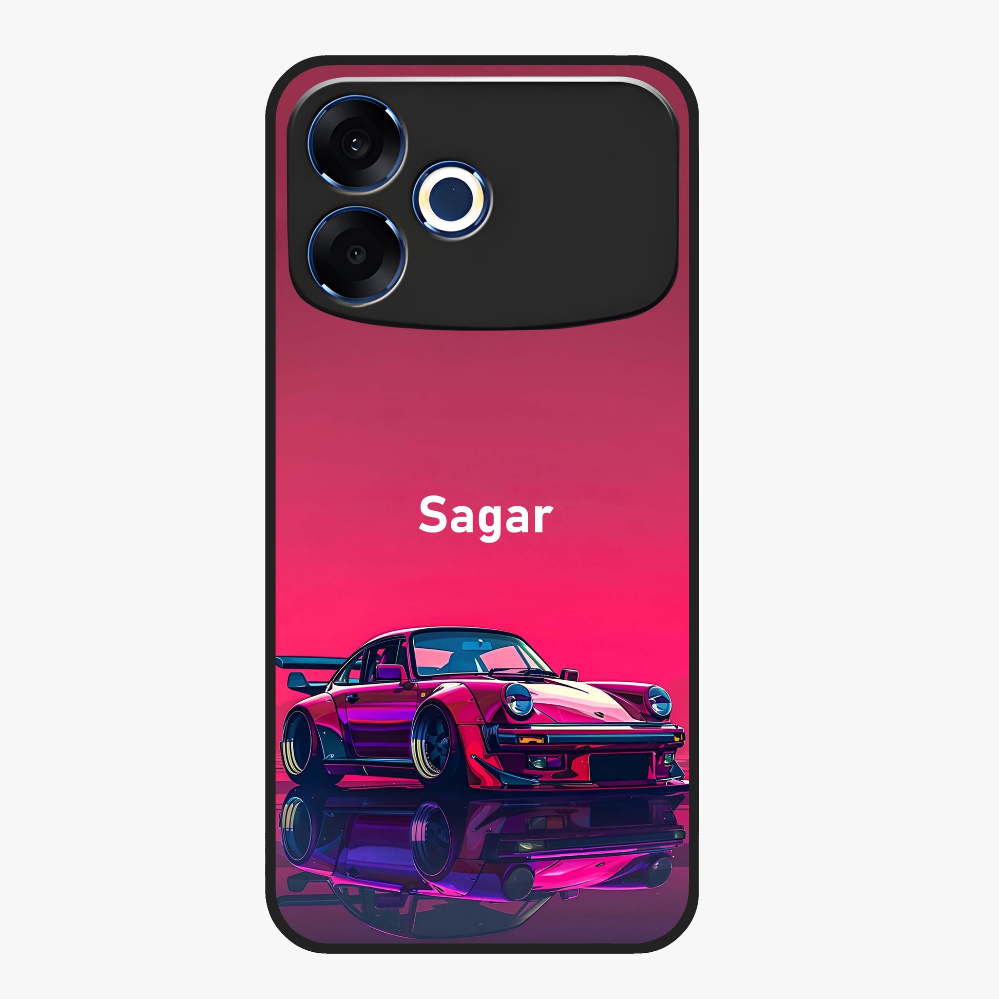 Neon Pink Porsche Glass Case showing flat back view with stylish sports car artwork and glossy glass finish.