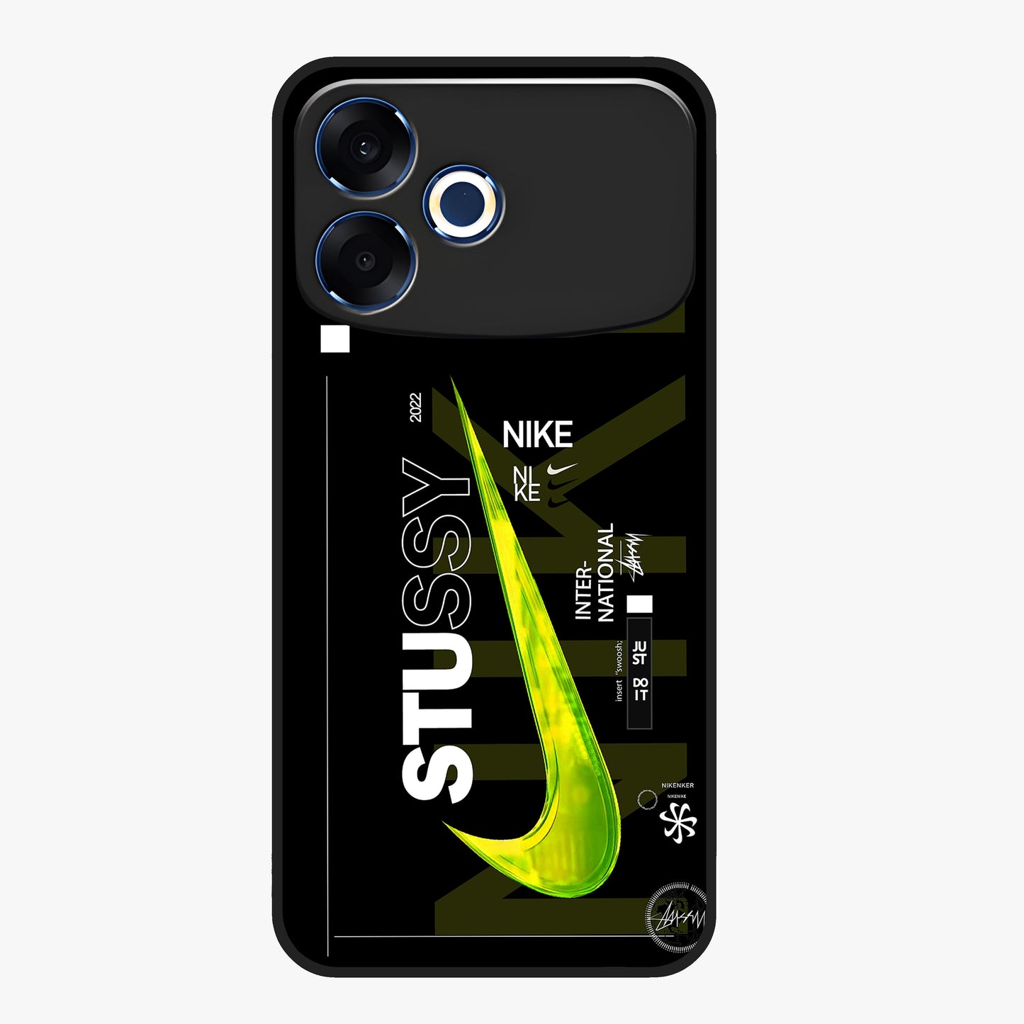 Neon Street Edition Glass Case showing flat back view with neon street style artwork and glossy glass finish.