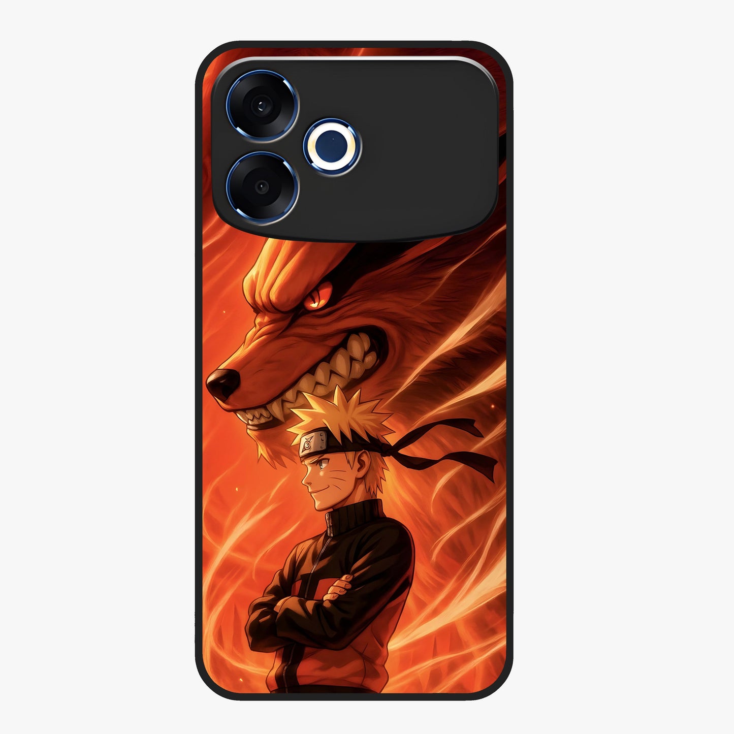 Nine Tails Legacy Glass Case showing flat back view with powerful nine-tailed fox inspired artwork and glossy glass finish.