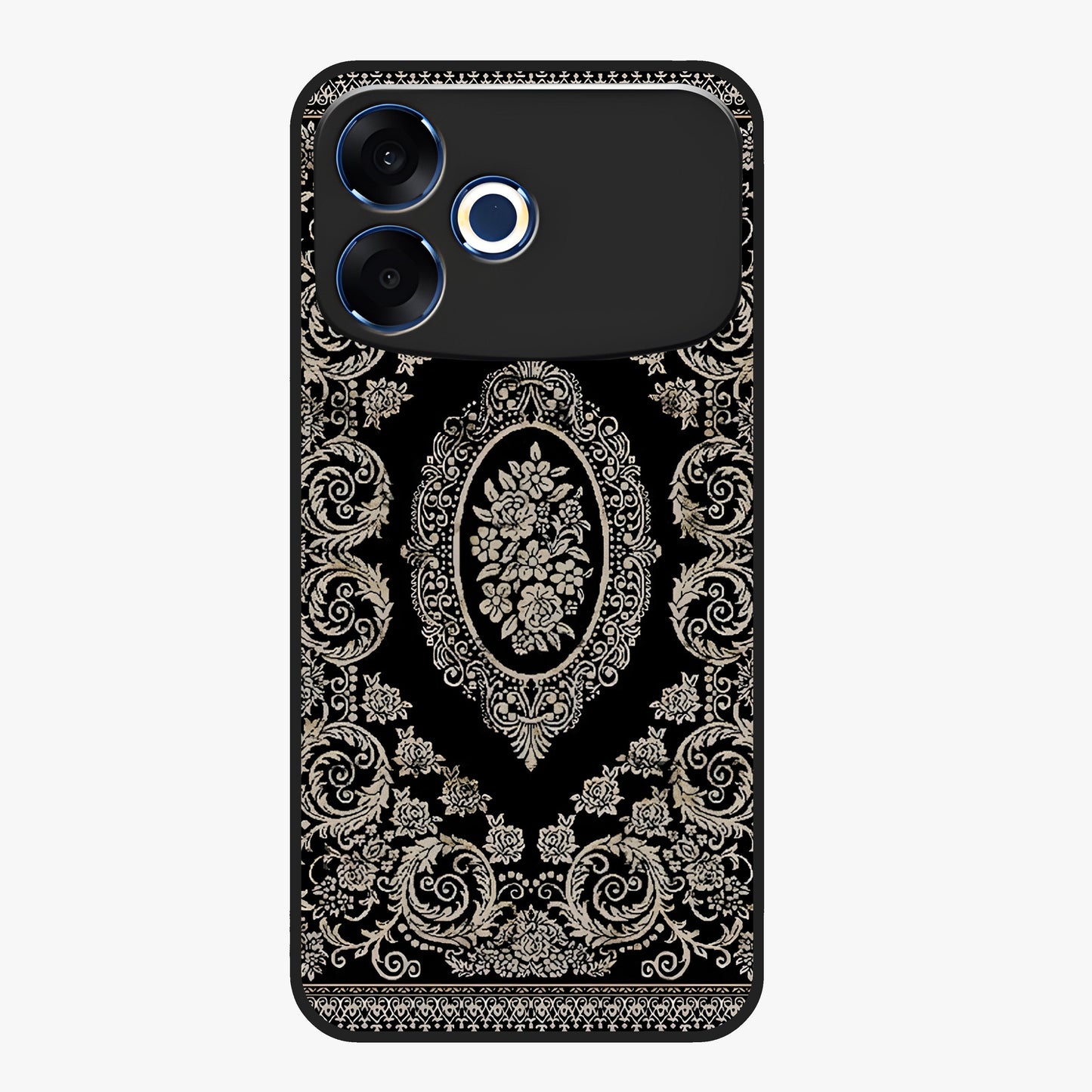 Noir Bloom Elegance Glass Case showing flat back view with elegant dark floral artwork and glossy glass finish.