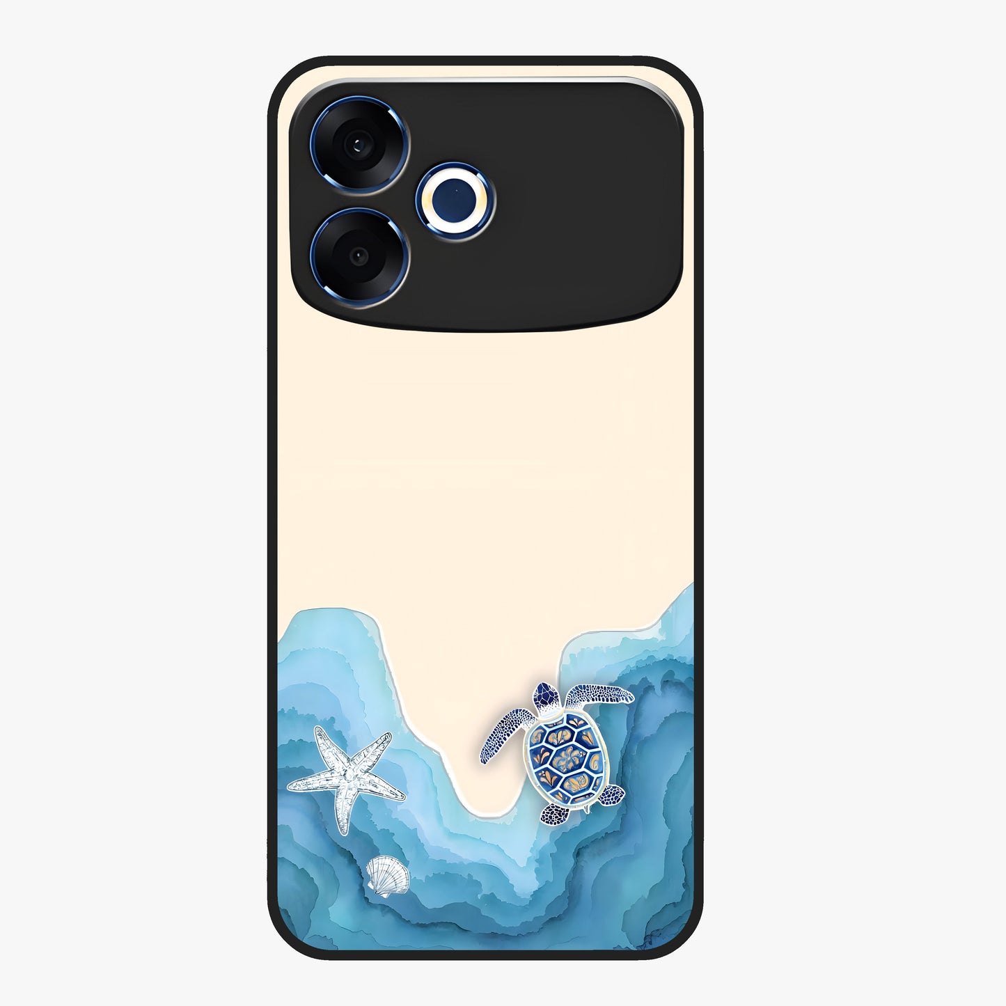 Ocean Drift Turtle Glass Case showing flat back view with sea turtle artwork and glossy glass finish.