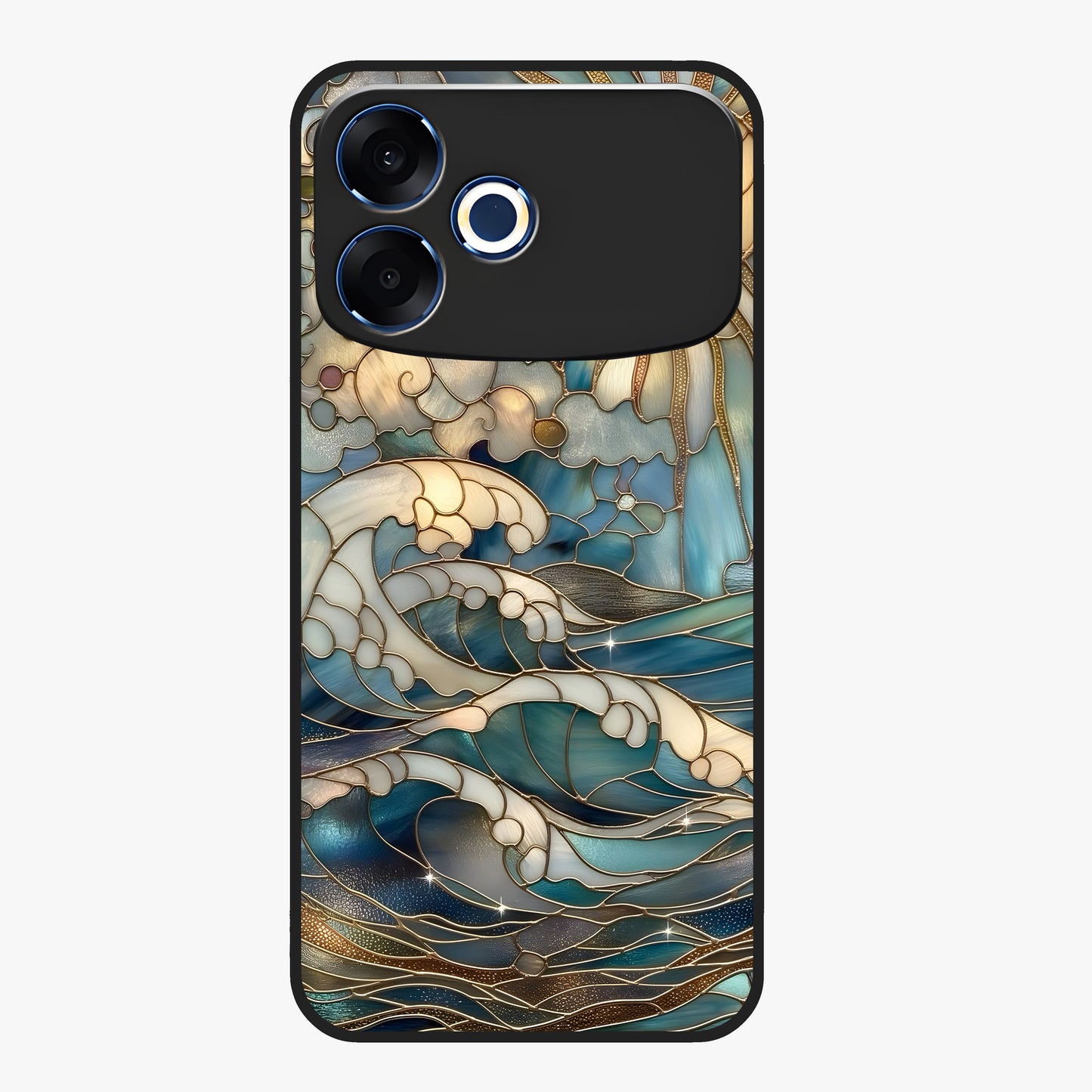 Oceanic Stained Printed Glass Case showing flat back view with ocean inspired stained pattern artwork and glossy glass finish.