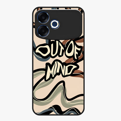 Out Of Mind Glass Case showing flat back view with expressive typography artwork and glossy glass finish.