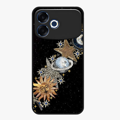 Pearls Universe Object Glass Case showing flat back view with pearl inspired cosmic artwork and glossy glass finish.