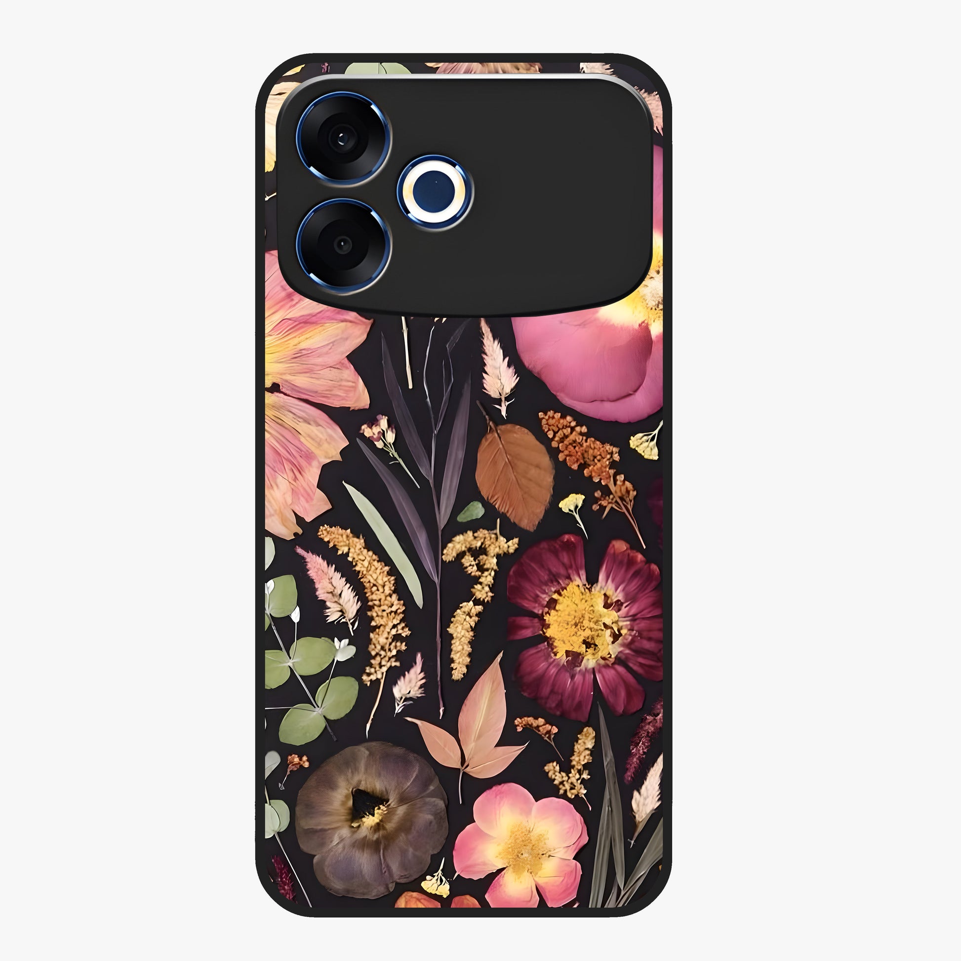 Petal Dream Tapestry Glass Case showing flat back view with intricate floral tapestry artwork and glossy glass finish.