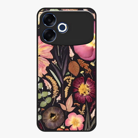 Petal Dream Tapestry Glass Case showing flat back view with intricate floral tapestry artwork and glossy glass finish.