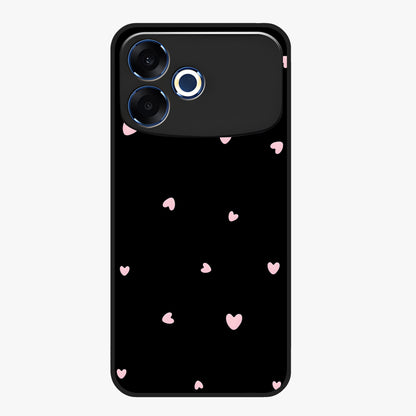 Pink Love Drops Glass Case showing flat back view with playful pink heart drops artwork and glossy glass finish.