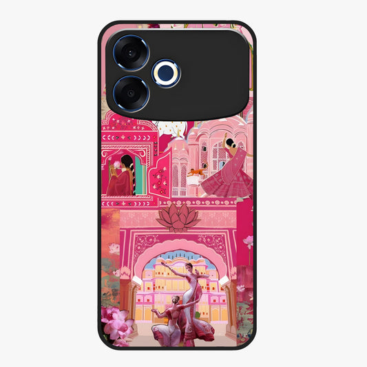 Pink Palace Muse Glass Case showing flat back view with elegant palace inspired artwork and glossy glass finish.