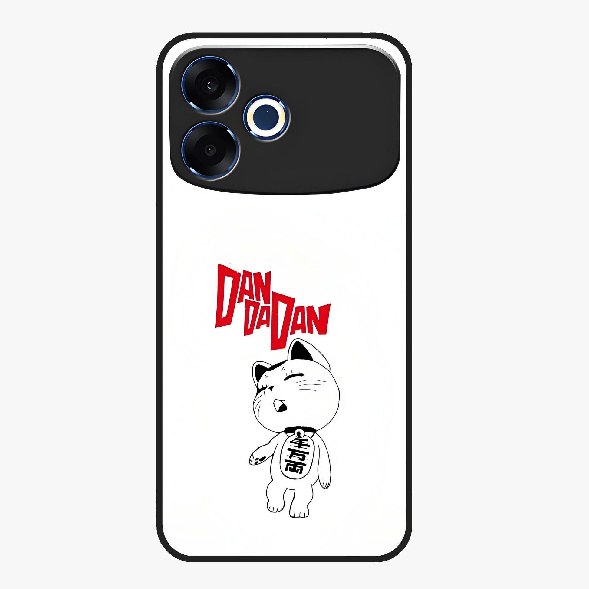 Playful Spirit Charm Glass Case showing flat back view with cheerful charm themed artwork and glossy glass finish.