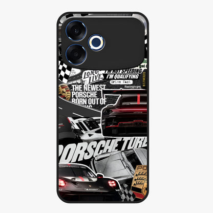 Porsche Racing Collage Glass Case showing flat back view with sports car racing collage artwork and glossy glass finish.