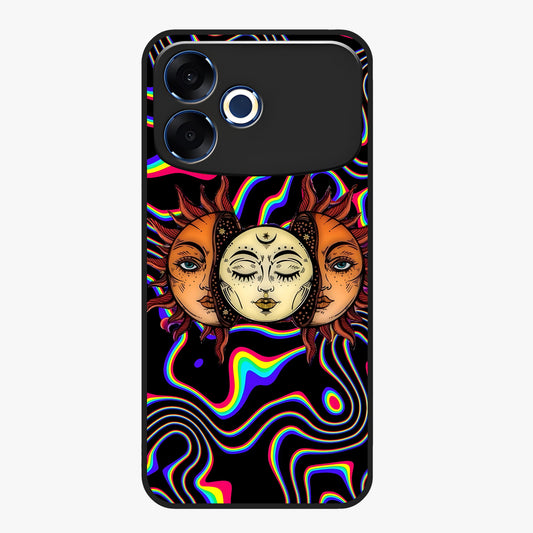 Psychedelic Sun Glass Case showing flat back view with colorful psychedelic sun artwork and glossy glass finish.