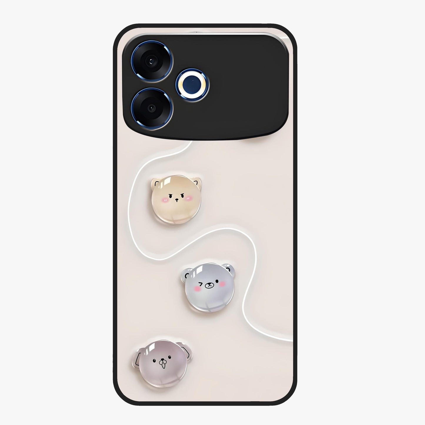Puffy Face Parade Glass Case showing flat back view with cute puffy character faces artwork and glossy glass finish.