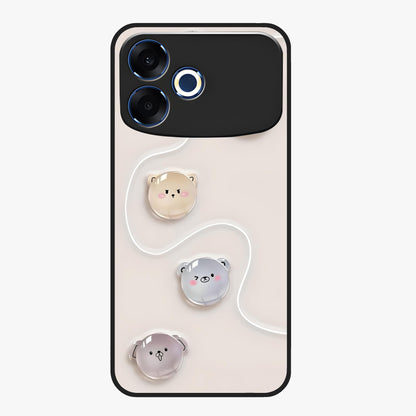 Puffy Face Parade Glass Case showing flat back view with cute puffy character faces artwork and glossy glass finish.