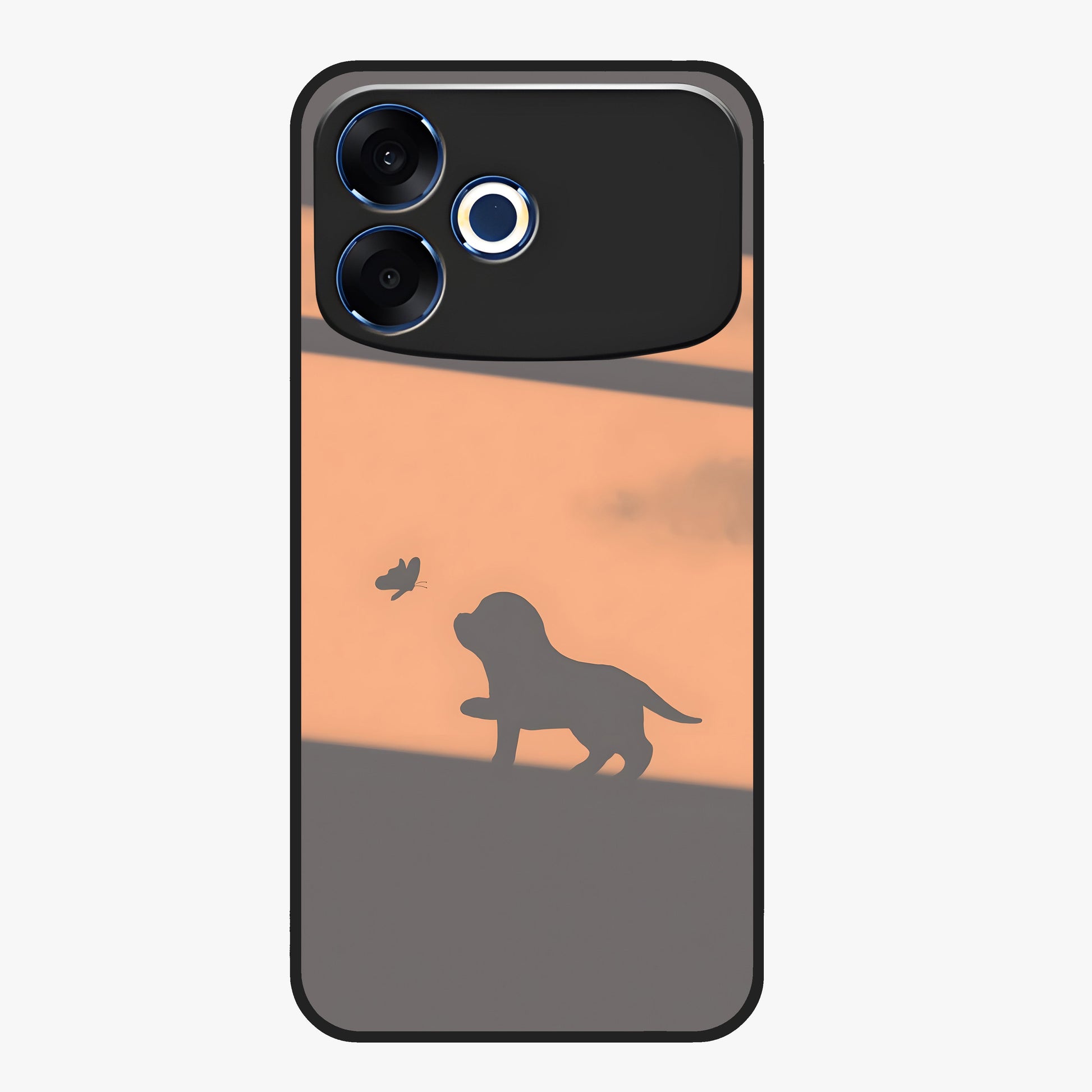 Puppy Shadow Art Glass Case showing flat back view with cute puppy shadow style artwork and glossy glass finish.