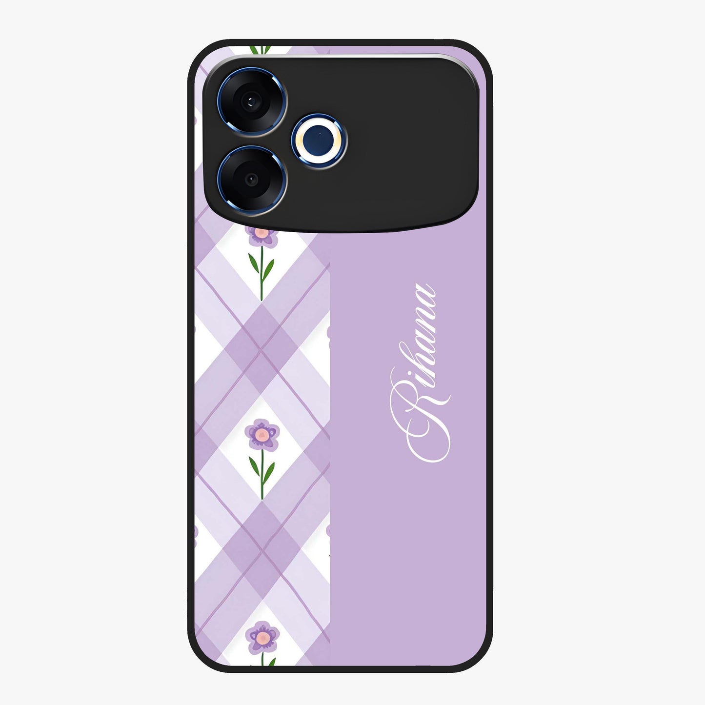 Purple Diamond Floral Glass Case showing flat back view with diamond shaped floral artwork and glossy glass finish.