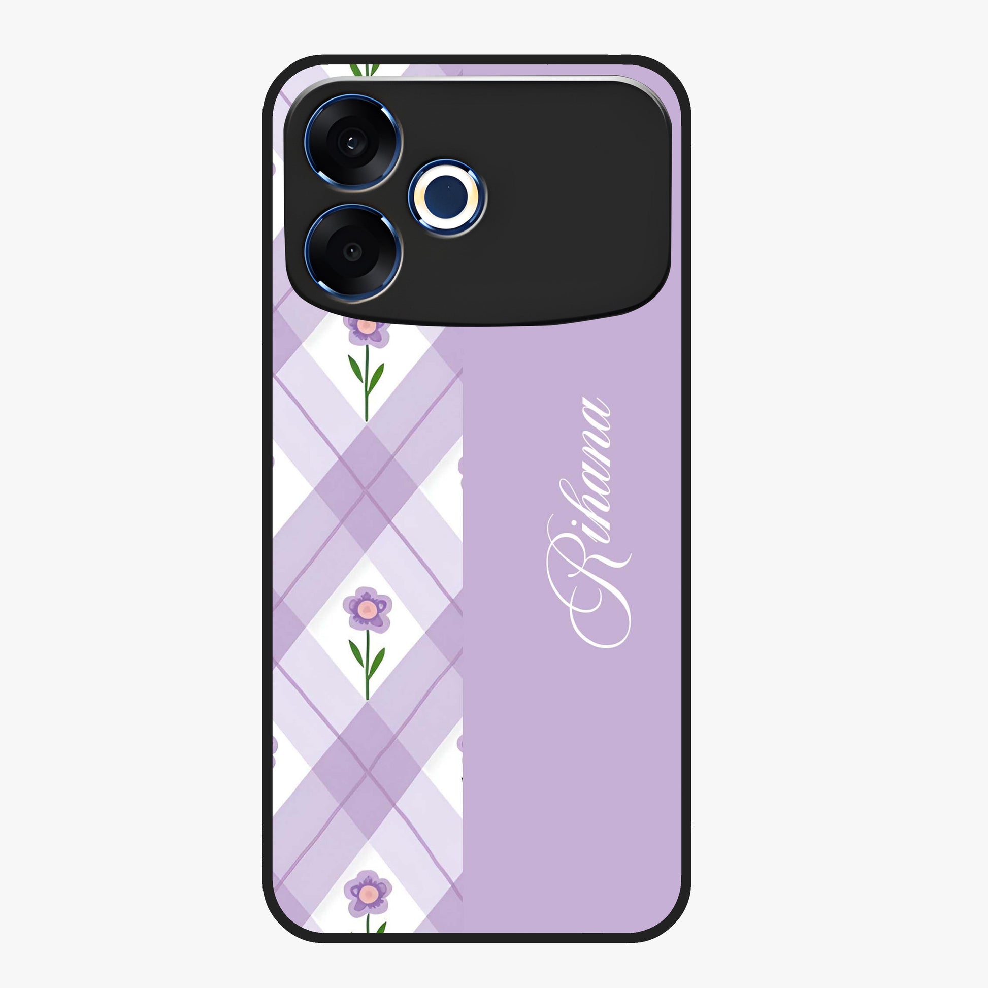 Purple Diamond Floral Glass Case showing flat back view with diamond shaped floral artwork and glossy glass finish.