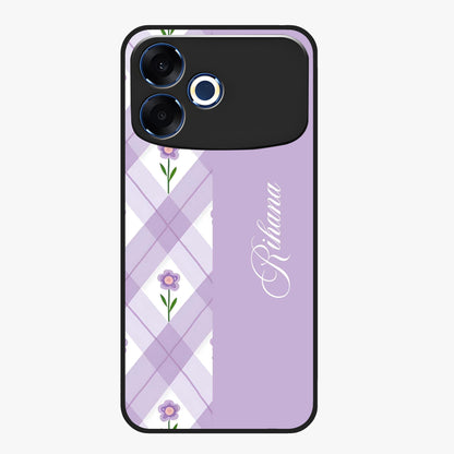 Purple Diamond Floral Glass Case showing flat back view with diamond shaped floral artwork and glossy glass finish.