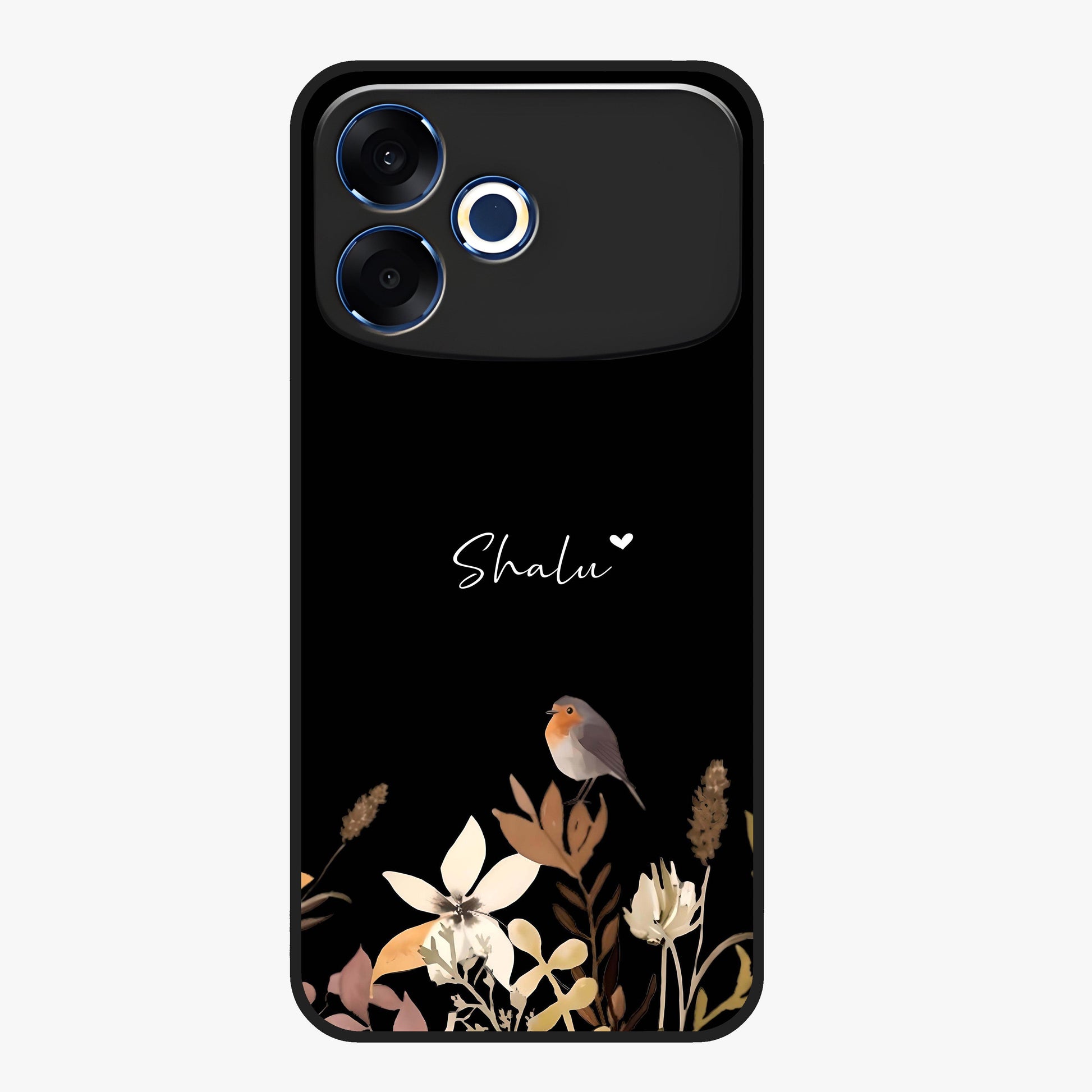 Quiet Garden Tune Custom Name Glass Case showing flat back view with peaceful garden artwork and personalized name design.