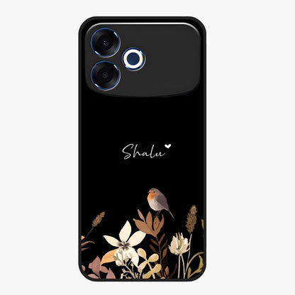 Quiet Garden Tune Custom Name Glass Case showing flat back view with peaceful garden artwork and personalized name design.