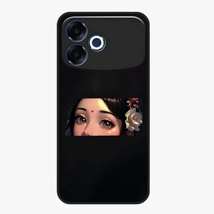 Radha Divine Embrace Glass Case showing flat back view with devotional Radha artwork and glossy glass finish.