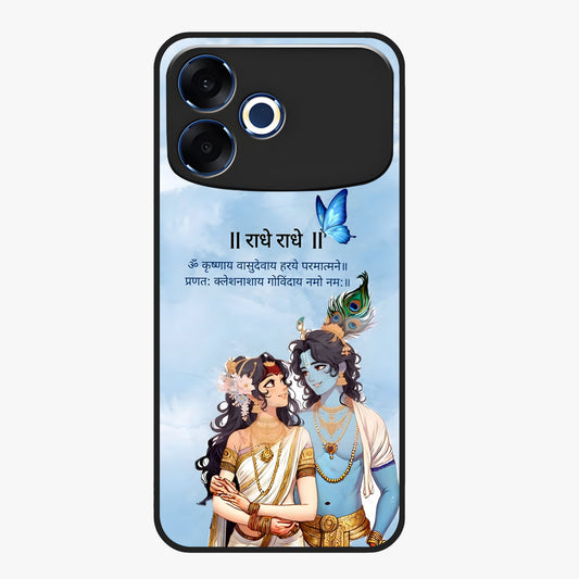Radha Krishna Eternal Glass Case showing flat back view with Radha Krishna devotional artwork and glossy glass finish.