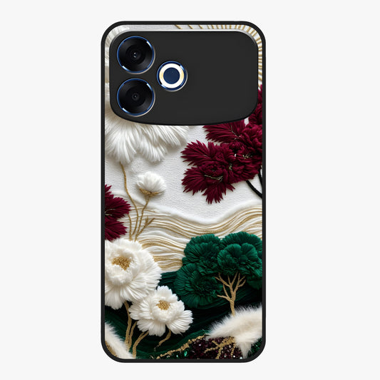 Radiant Bloom Elegance Glass Case showing flat back view with elegant blooming flower artwork and glossy glass finish.
