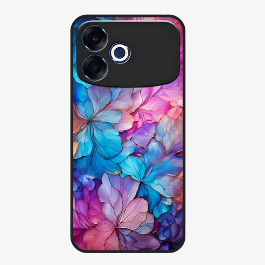 Radiant Floral Whirl Glass Case showing flat back view with swirling floral artwork and glossy glass finish.