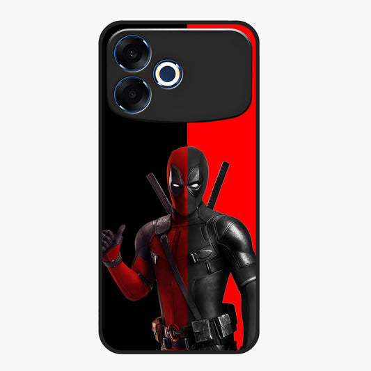 Red & Black Deadpool Theme Glass Case showing flat back view with bold comic inspired artwork and glossy glass finish.