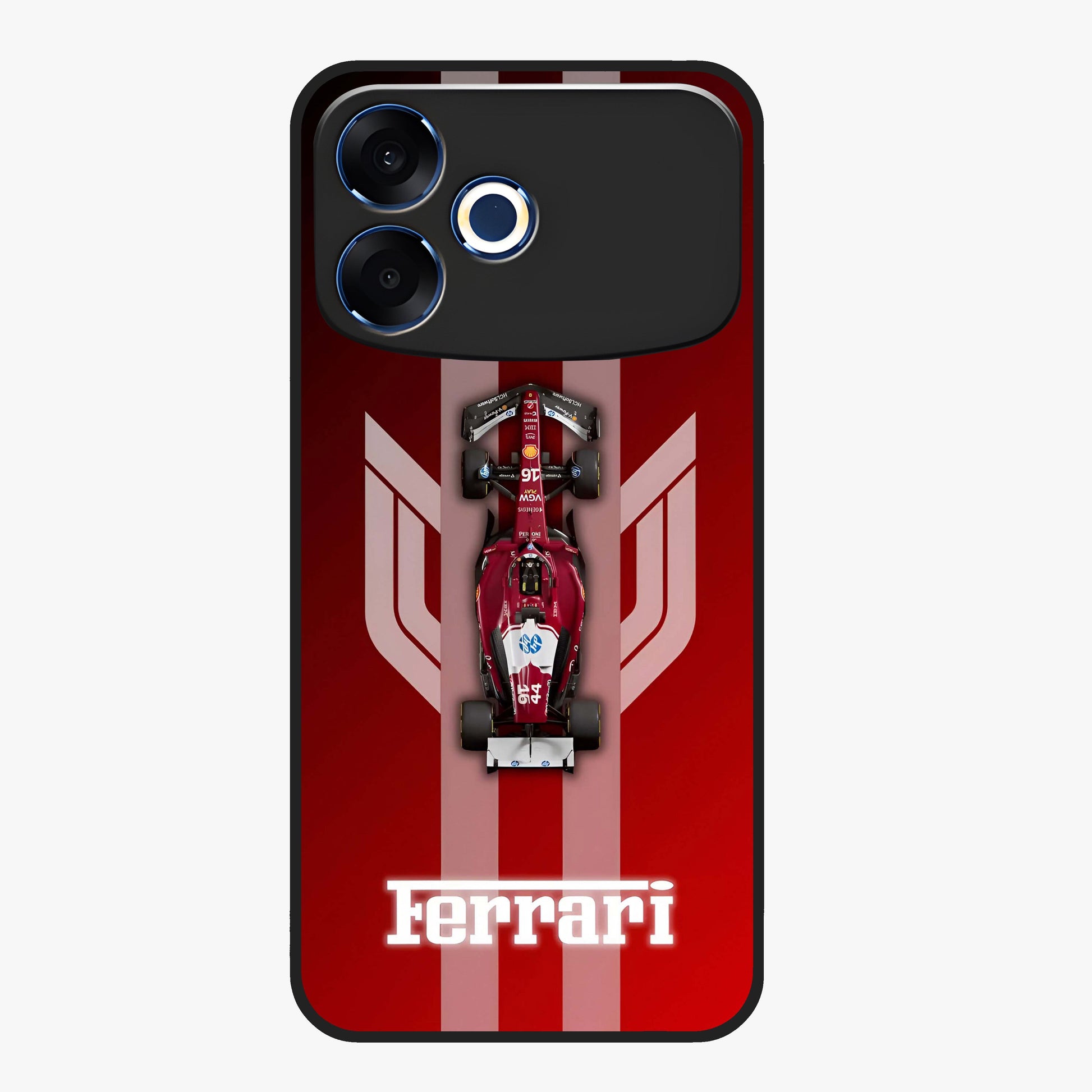Red Ferrari F1 Vertical Glass Case showing flat back view with sleek Formula racing car artwork and glossy glass finish.