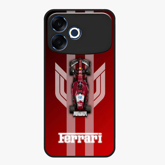 Red Ferrari F1 Vertical Glass Case showing flat back view with sleek Formula racing car artwork and glossy glass finish.