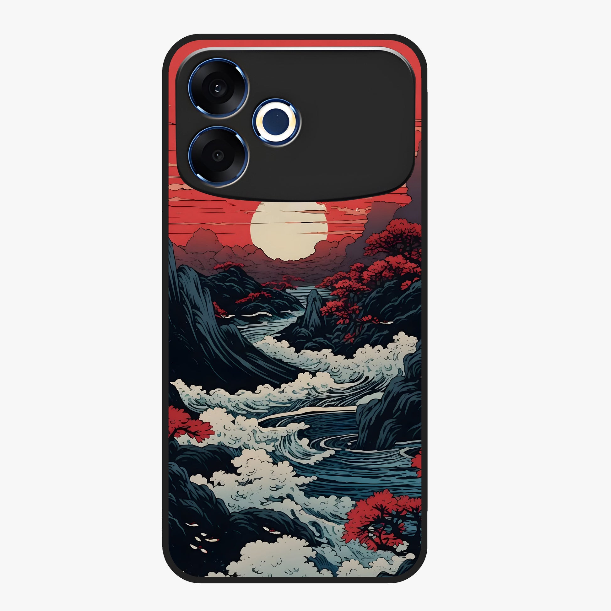 Red Sunset Scenery Glass Case showing flat back view with vibrant sunset landscape artwork and glossy glass finish.