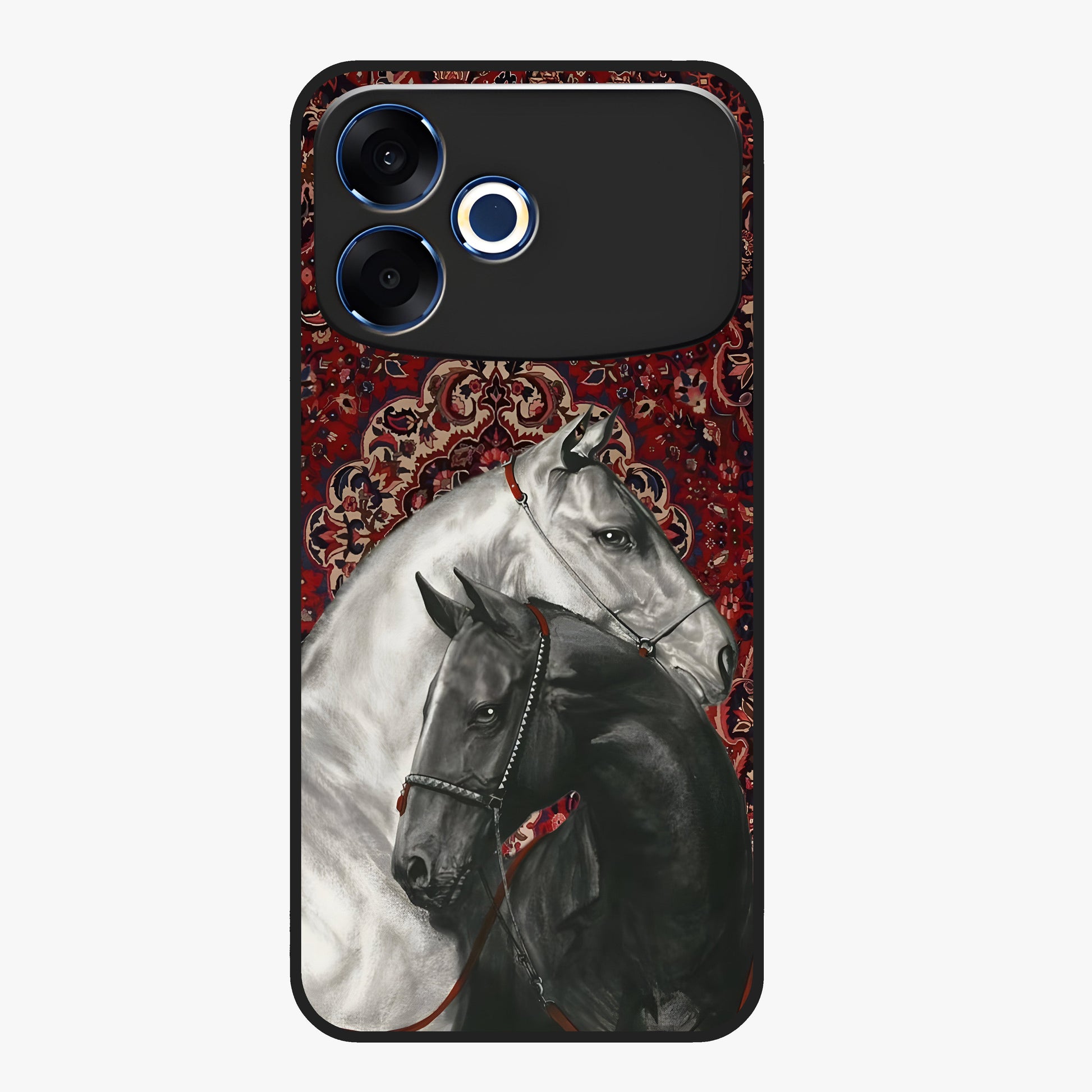 Regal Stallion Tapestry Glass Case showing flat back view with majestic horse tapestry artwork and glossy glass finish.