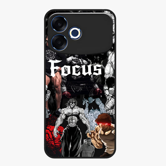 Relentless Power Focus Glass Case showing flat back view with motivational typography artwork and glossy glass finish.