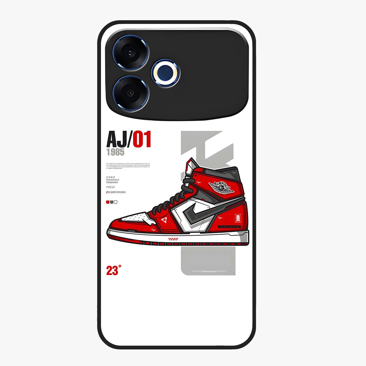 Retro Sneaker Blueprint Glass Case showing flat back view with sneaker blueprint style artwork and glossy glass finish.