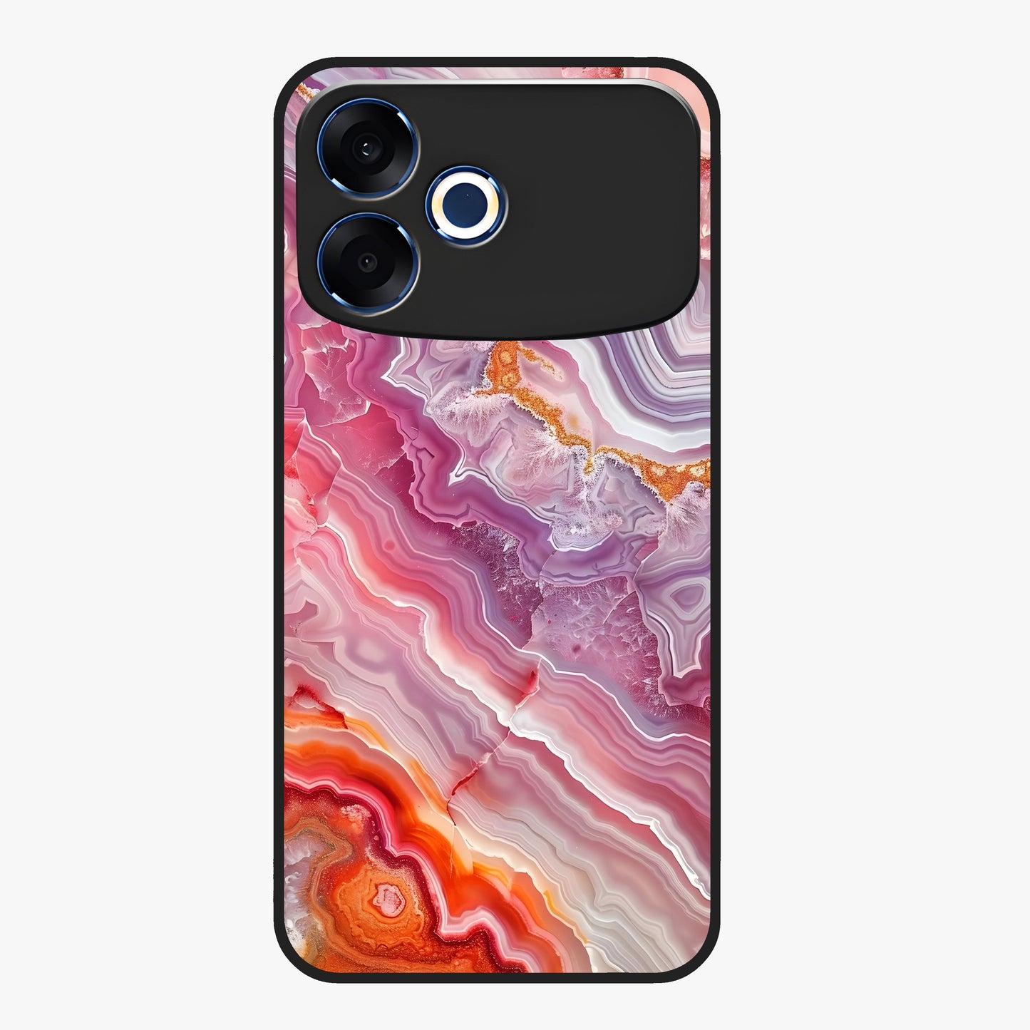 Rose Quartz Marble Glass Case showing flat back view with pink marble quartz texture artwork and glossy glass finish.