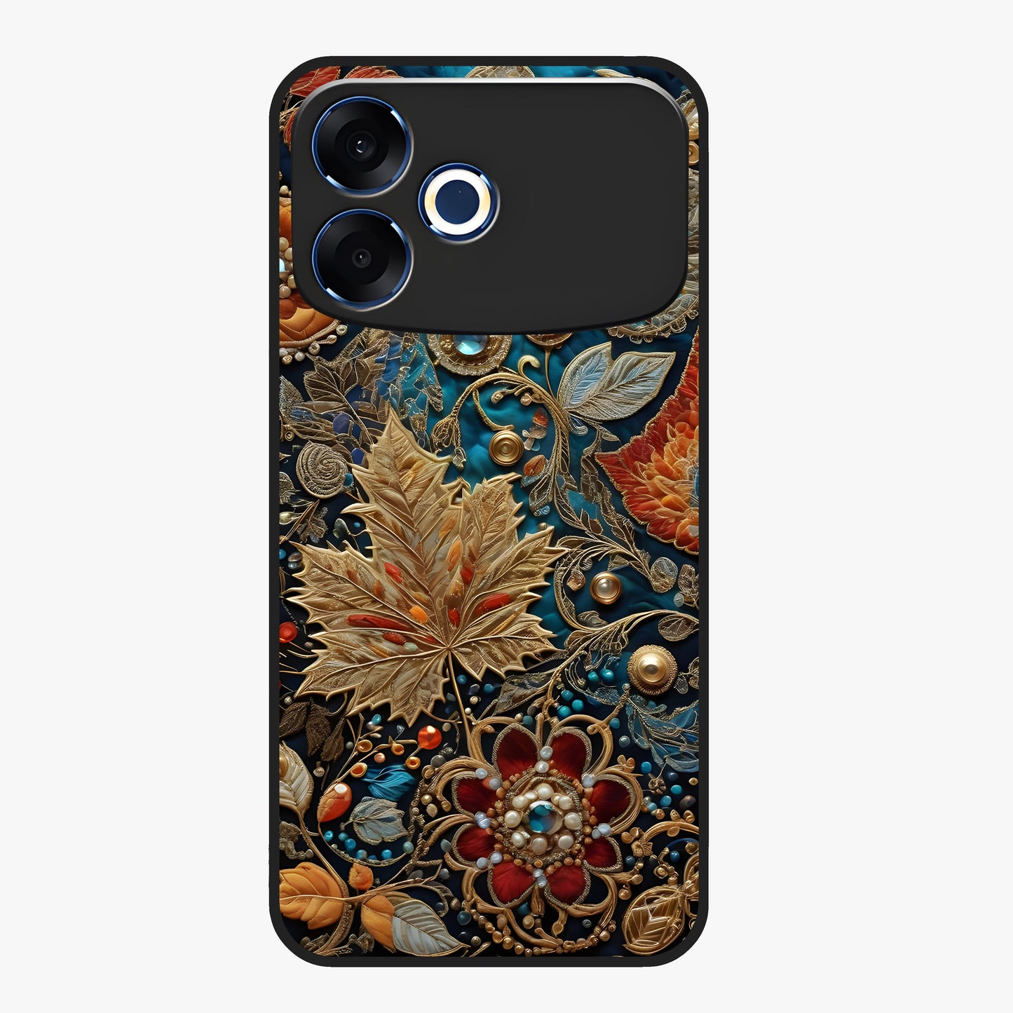 Royal Jewel Garden Glass Case showing flat back view with decorative floral garden artwork and glossy glass finish.