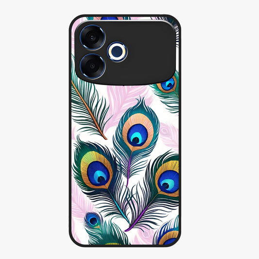Royal Peacock Feathers Glass Case showing flat back view with colorful peacock feather artwork and glossy glass finish.