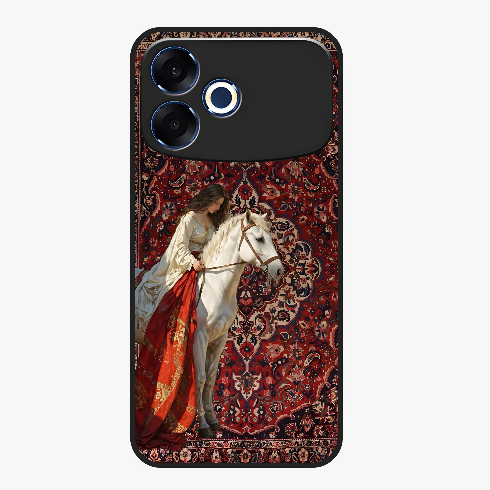 Royal Rider Tapestry Glass Case showing flat back view with majestic horse rider tapestry artwork and glossy glass finish.