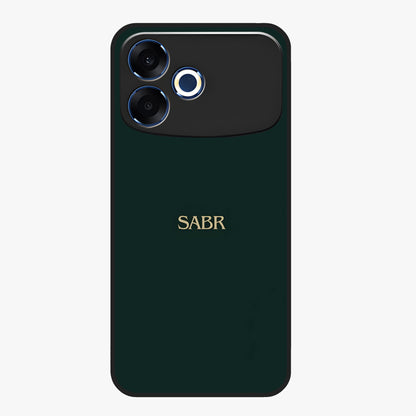 Sabr Minimal Patience Glass Case showing flat back view with minimalist typography artwork and glossy glass finish.