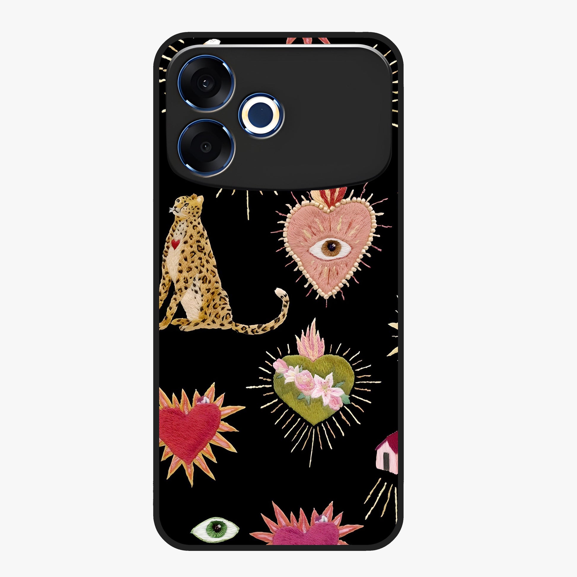 Sacred Jungle Heart Glass Case showing flat back view with jungle inspired heart artwork and glossy glass finish.
