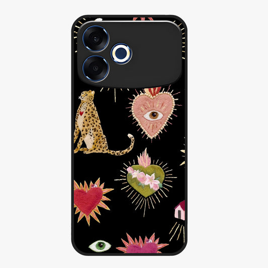 Sacred Jungle Heart Glass Case showing flat back view with jungle inspired heart artwork and glossy glass finish.