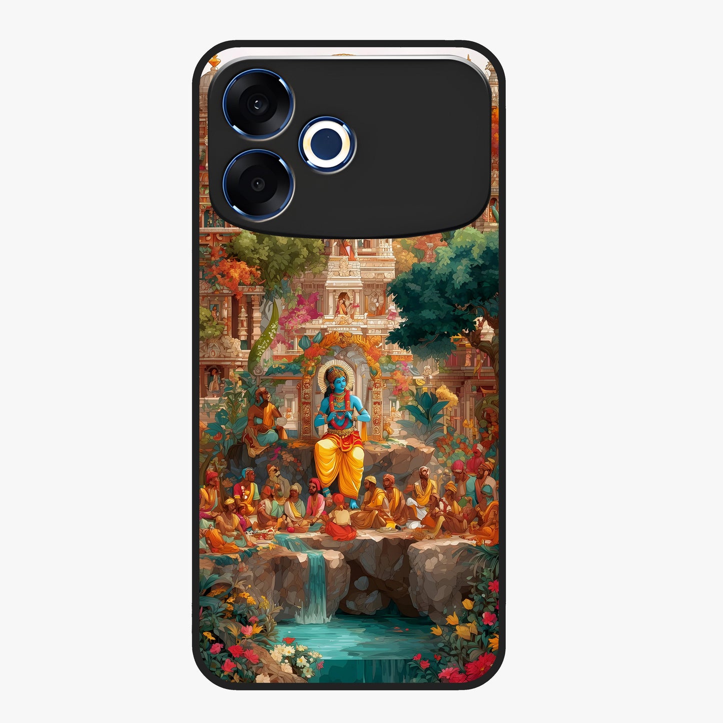 Sacred Sunlight Gods Glass Case showing flat back view with divine sunlight themed artwork and glossy glass finish.