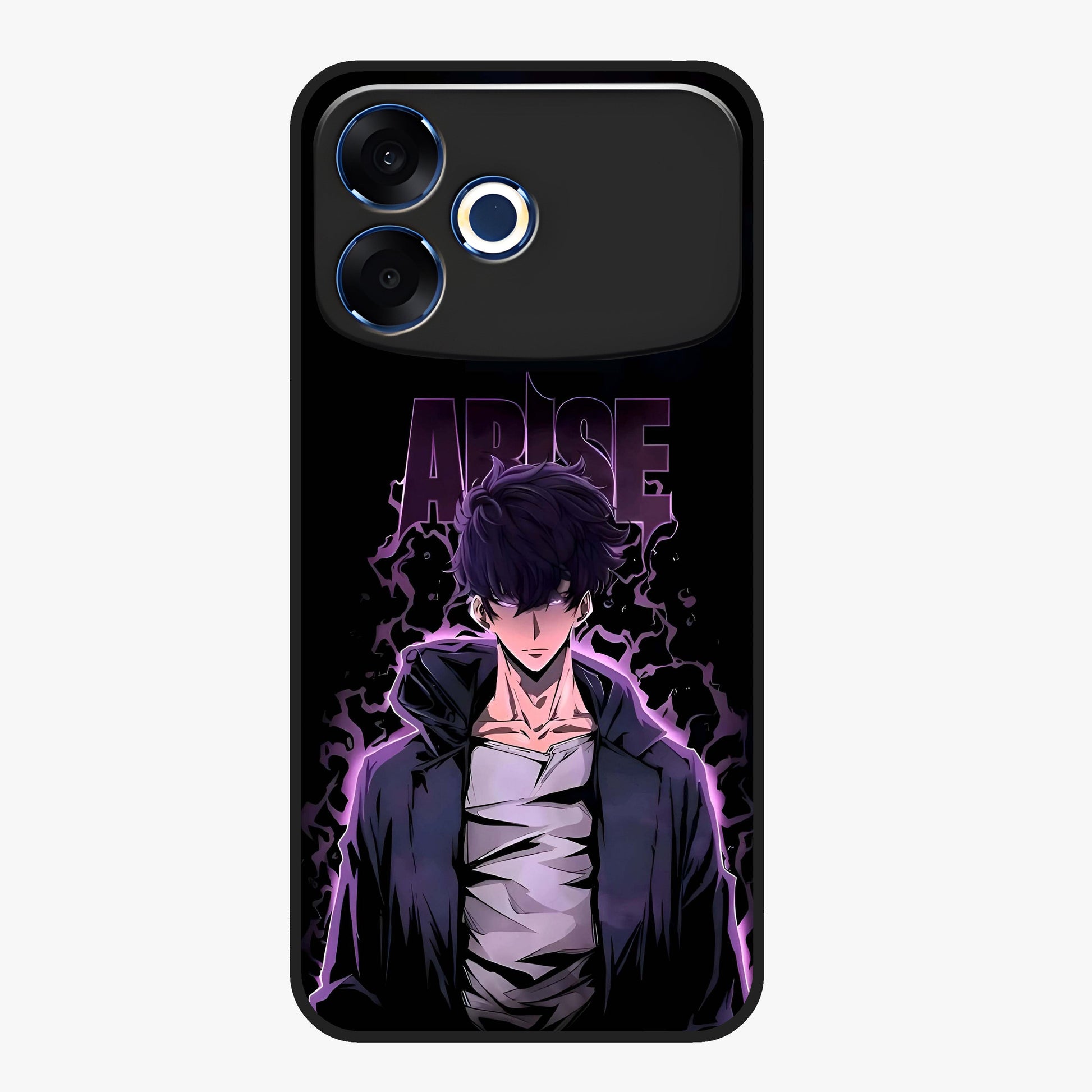 Shadow Monarch Awakening Glass Case showing flat back view with powerful dark monarch themed artwork and glossy glass finish.
