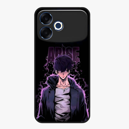 Shadow Monarch Awakening Glass Case showing flat back view with powerful dark monarch themed artwork and glossy glass finish.