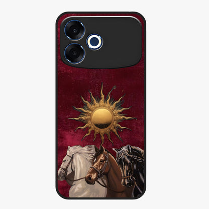 Solar Riders Glass Case showing flat back view with dynamic rider themed artwork and glossy glass finish.