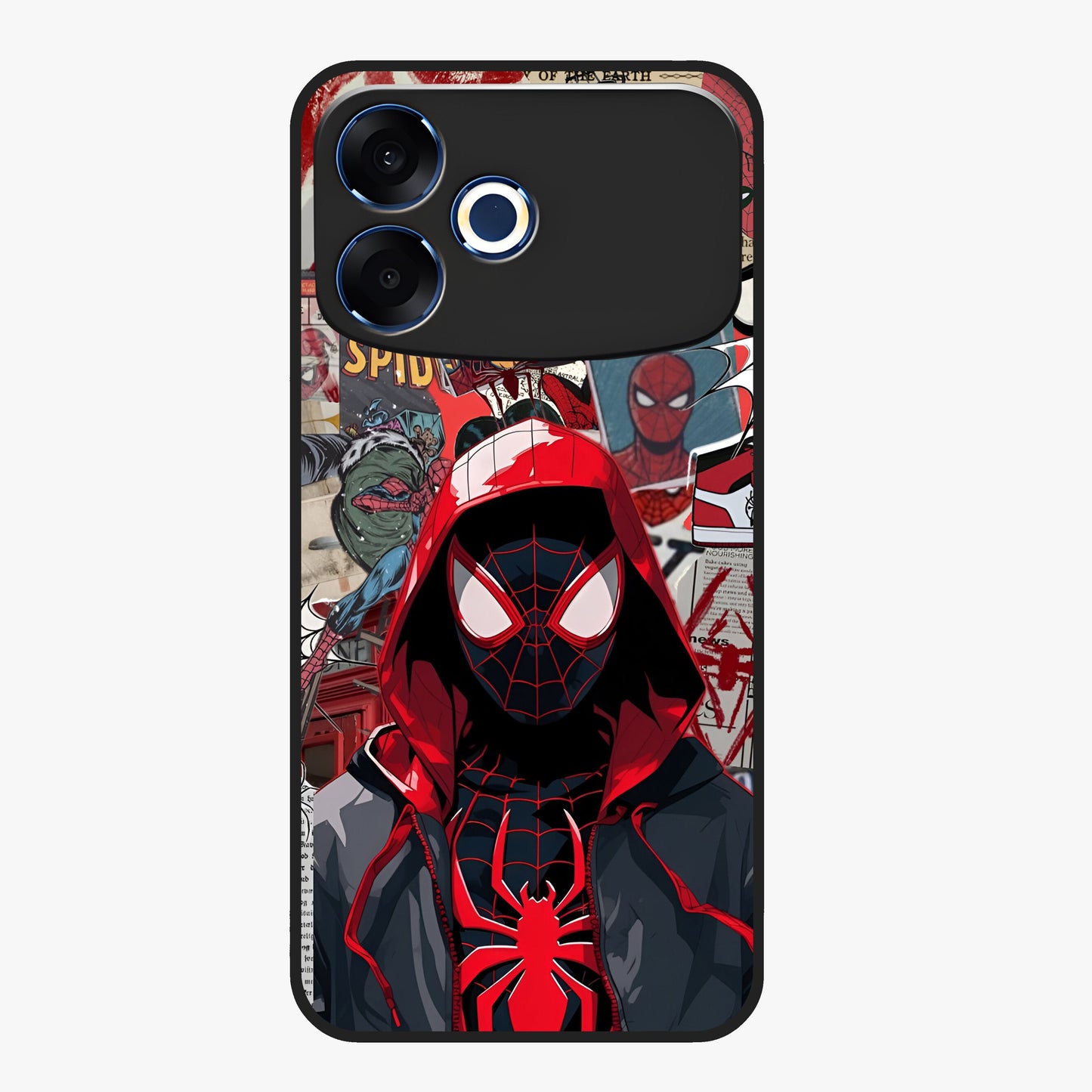 Spider Collage Street Glass Case showing flat back view with vibrant superhero collage artwork and glossy glass finish.