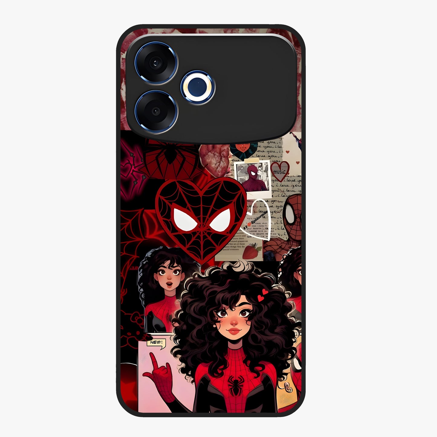 Spider Love Story Glass Case showing flat back view with romantic superhero themed artwork and glossy glass finish.